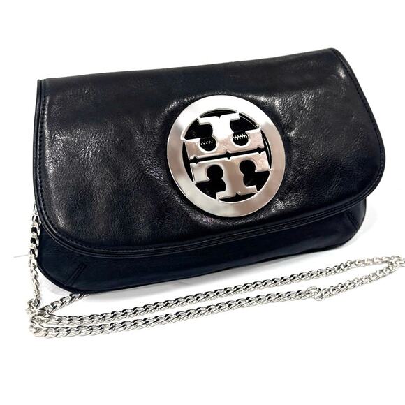TORY BURCH Reva Black Leather Clutch Convertible Bag Silver Chain Strap - Picture 1 of 14